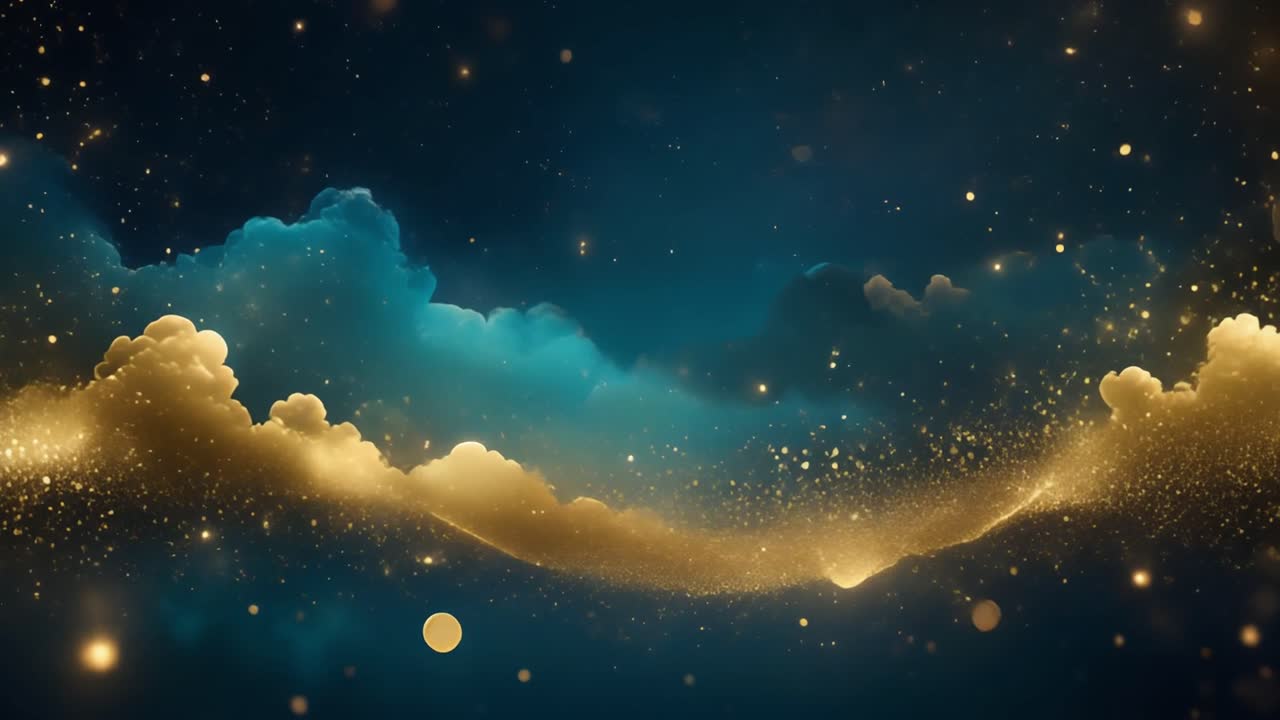 Dreamy Blue Sky with Golden Sparkling Clouds and Particles