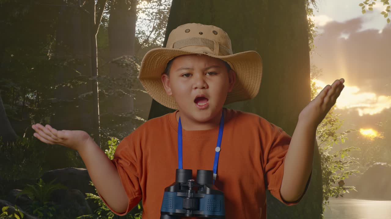 모자를 입은 아시아 소년은 이 의심스럽게 서서 안경을 통해 봤을 때 왜 그런지 묻습니다. 소년 연구자는 숲의 자연, 여행 모험 개념, 근접을 탐구하면서 무언가를 조사합니다.