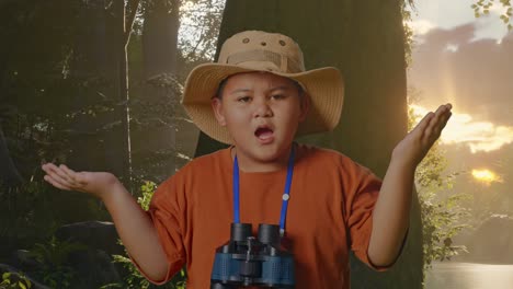 niño asiático con un sombrero de pie con dudas y preguntando por qué después de mirar a través de los binoculares. niño investigador examina algo mientras explora la naturaleza del bosque, concepto de aventura de viaje, de cerca