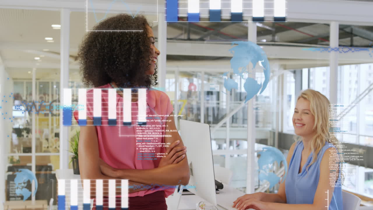 Animation of graphs, globes, computer language, smiling biracial woman standing arms crossed