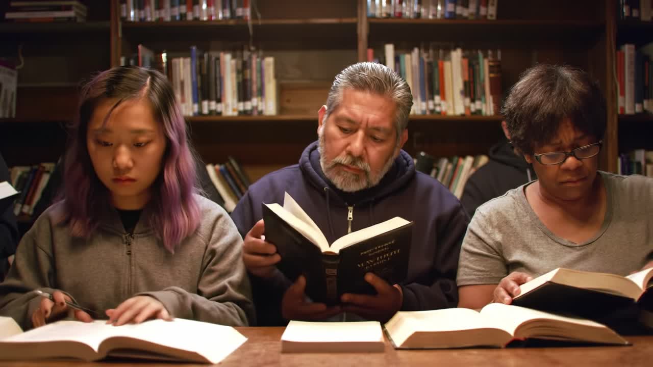 Focused Readers Engrossed in Books in a Cozy Library Setting, Highlighting the Joy of Literature Across Generations with Intense Concentration and Engagement