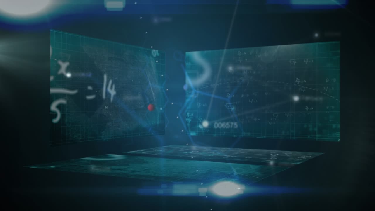 Animation of dna and scientific data processing on screens on black background