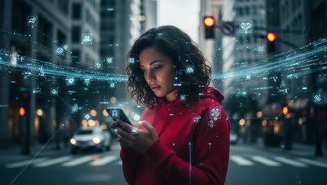 a focused woman engages with her smartphone amidst a busy urban environment, surrounded by digital icons and visualizations of connectivity and information flow