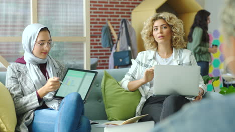 women team with tablet presentation for ceo