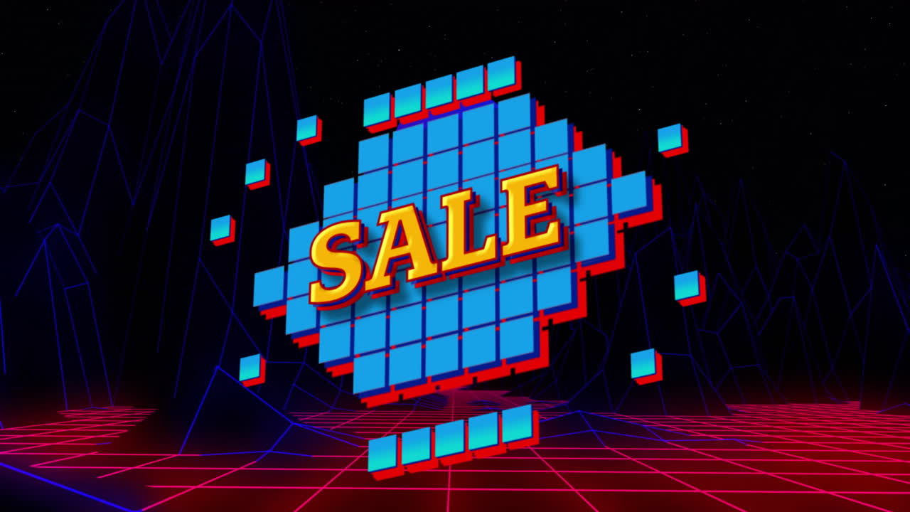 Animation of digital shapes and mountains over sale text