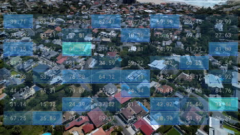 animación del procesamiento de datos financieros sobre el paisaje urbano
