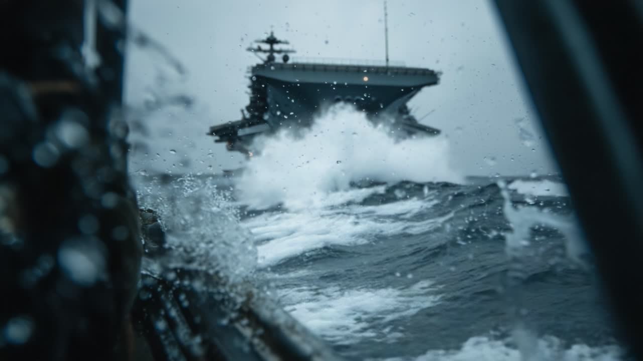 A Dramatic Perspective of a Naval Aircraft Carrier Through Choppy Waters Captured in Stormy Conditions, Showcasing the Power and Majesty of Modern Maritime Engineering