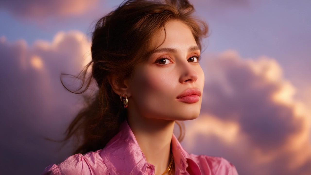 Una bella giovane donna con lineamenti eleganti, illuminazione soffusa e nuvole sognanti sullo sfondo, catturata al tramonto per una serie di ritratti mozzafiato.