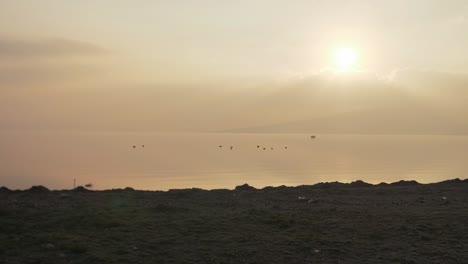 idyllic golden hour sunset bay landscape with octopus pots off shore handheld shot