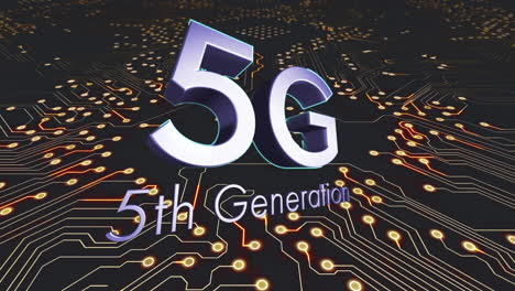 animación de texto de 5g sobre una placa de circuito de computadora