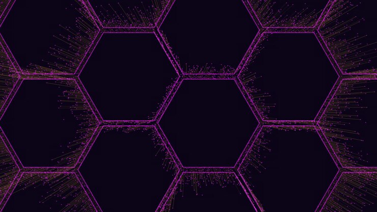 Futuristisches Sechseckmuster mit bewegten kleinen Neon-Glitzerpartikeln