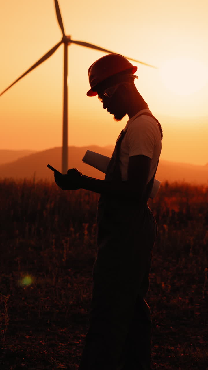 Engineer at sunset with wind turbine