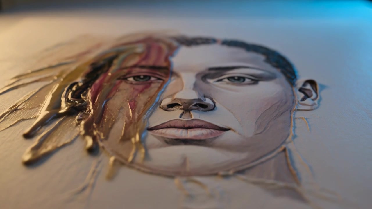 Starting off-screen artist adding pigment to portrait left hairline at studio, colorizing portrait