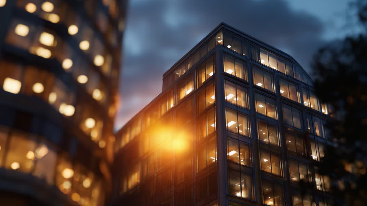 Edificios de oficinas iluminados al atardecer, capturando la luz cambiante y la arquitectura urbana de un paisaje citadino moderno durante el crepúsculo