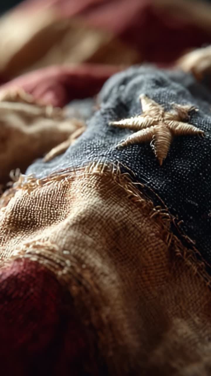 A Close-Up View of a Textured Fabric Showing Detailed Stitching and Patterns, Highlighting Stars and Stripes on a Vintage Textile in Natural Lighting