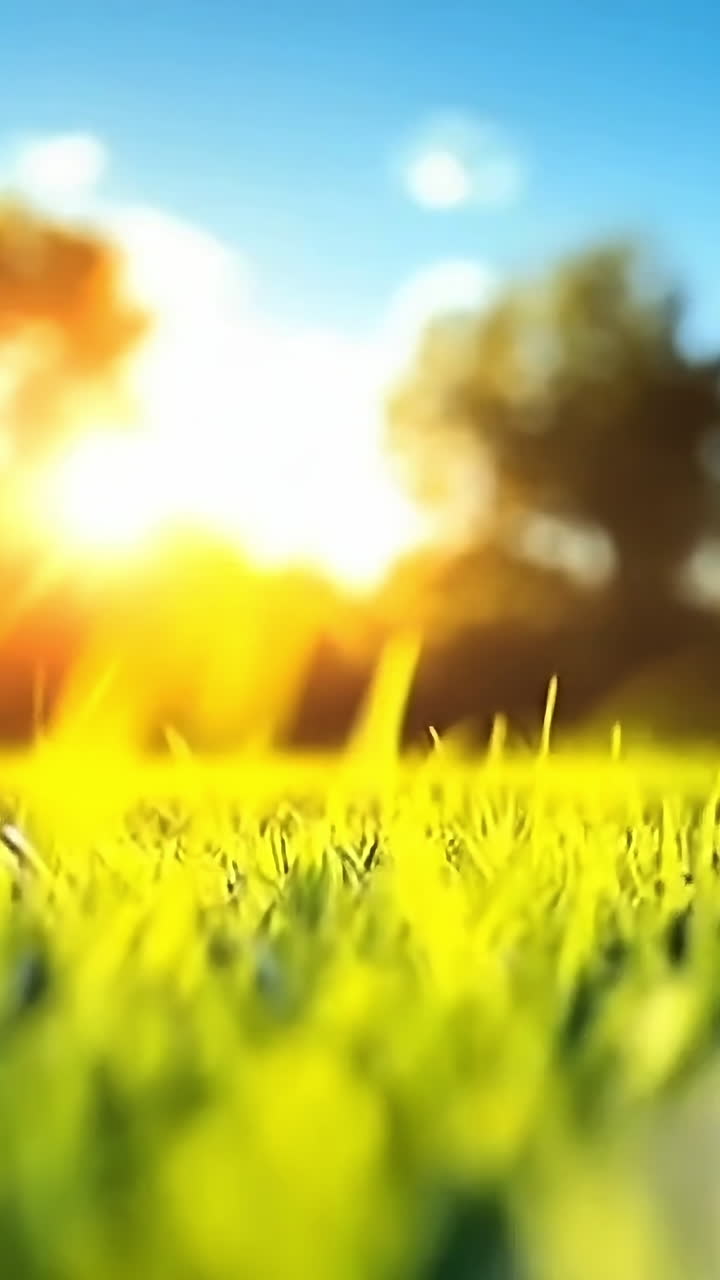 Sunlight on green grass. Sunlight filters through trees, casting a warm glow on lush green grass in an outdoor setting at dawn.