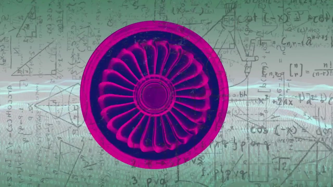 In riproduzione, rotore rosa che ruota, rivelando una ventola sopra schizzi matematici e una banda luminosa, a scopo educativo per ingegneri.
