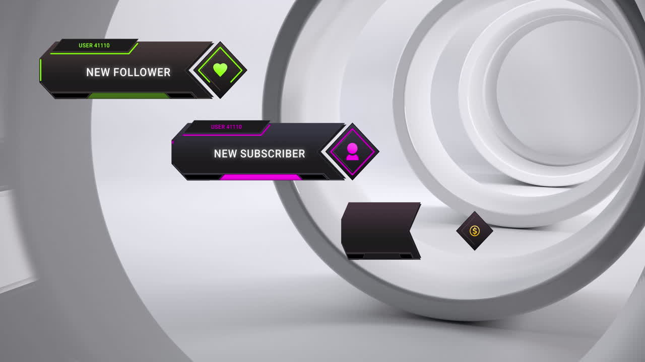 animación del icono de las redes sociales con textos sobre círculos sobre fondo blanco.