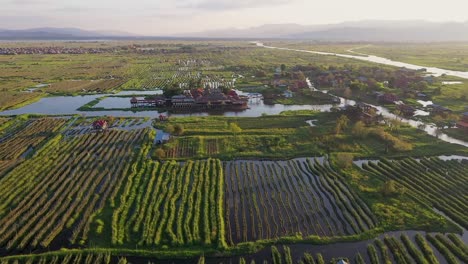 aerial view of inle lake, myanmar: floating gardens and traditional villages