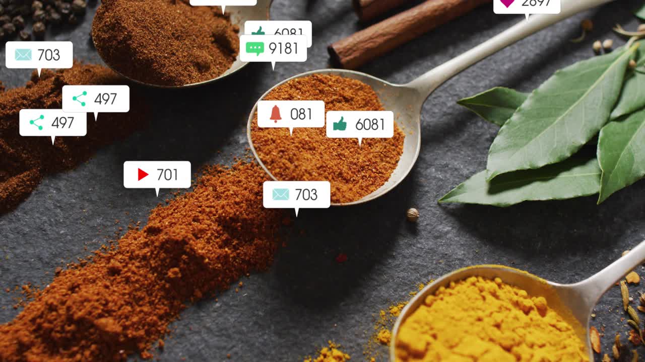 Metal spoons holding spices with alerts beginning to appear, multiplying, stacking, showing buzz