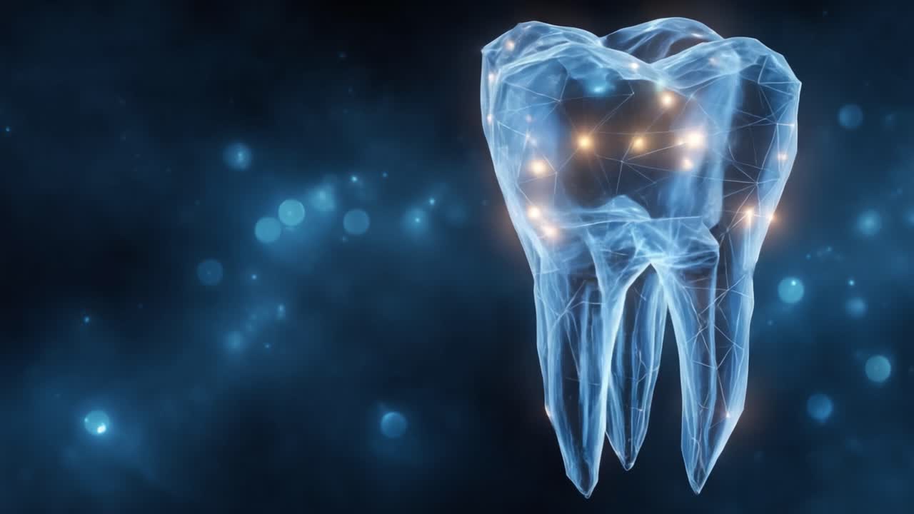 Stylized 3D Representation of a Tooth in a Futuristic Digital Environment with Luminous Effects and Geometric Patterns for Dental Health Concepts