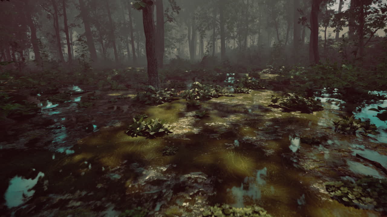 Mysterious forest clearing with reflections and soft light during early morning