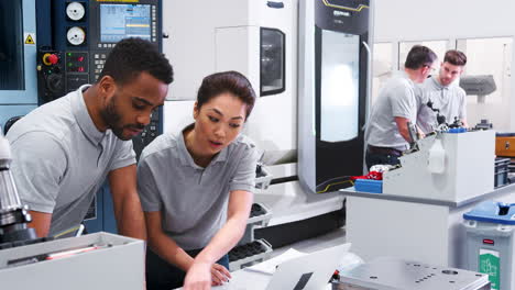zwei ingenieure diskutieren pläne für einen job, während sie auf den laptop schauen