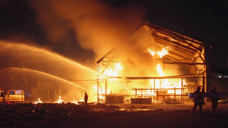 Firefighters battling a burning building at night