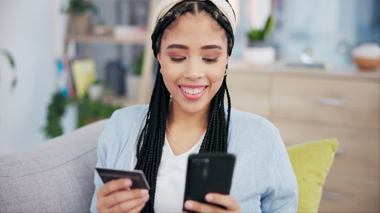 Happy woman, phone and credit card in online