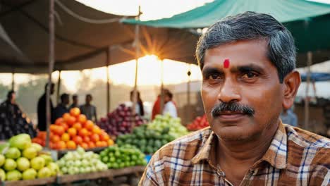 indian greengrocer selling vibrant, fresh produce at a bustling market in the morning, surrounded by other vendors and customers under warm sunlight, creating a lively community atmosphere