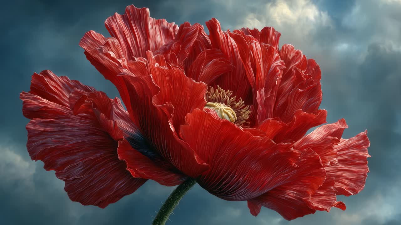 A Stunning Close-Up of a Vibrant Red Poppy Flower Showcasing Its Delicate Petals and Intricate Structure Against a Dramatic Cloudy Sky Background