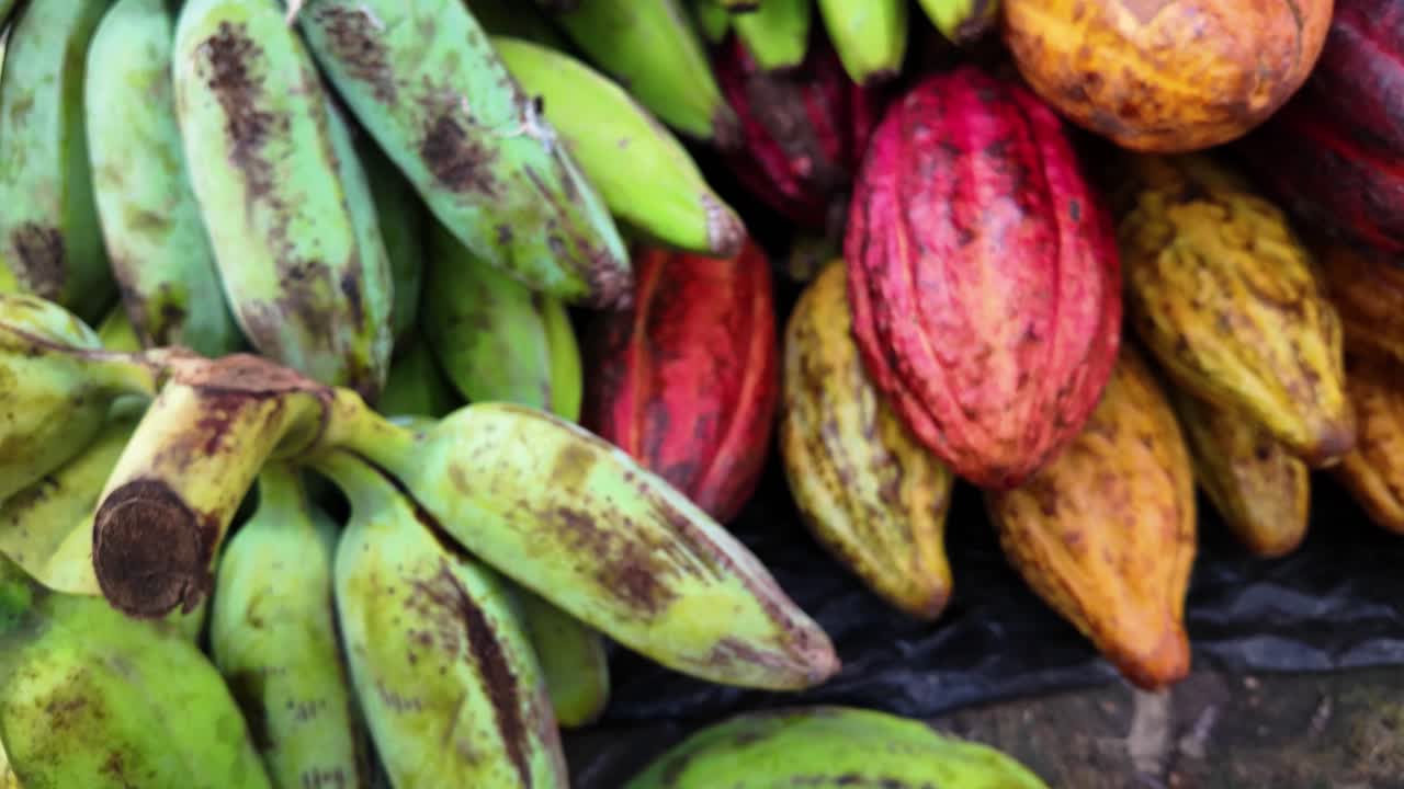close up exotic tropical fruits on a market stall. Caribbean culture