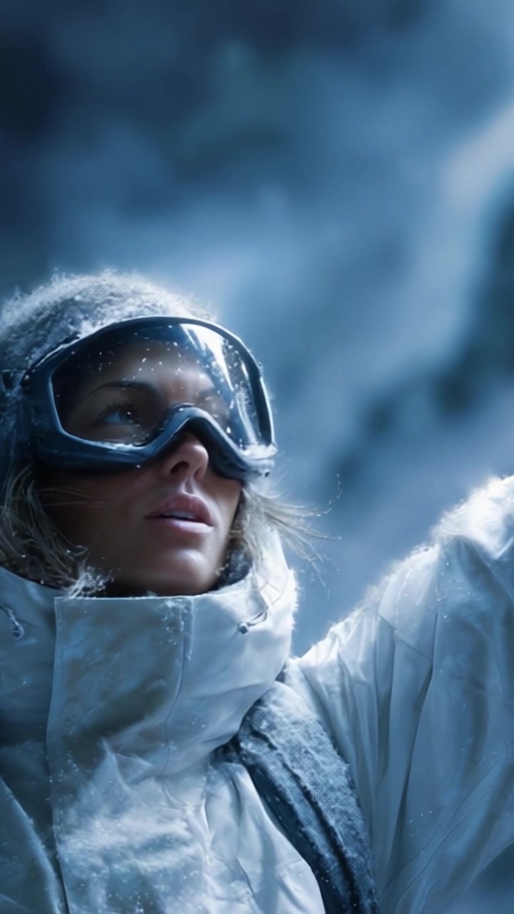 A brave adventurer in snowy mountains, clad in warm gear with goggles, reaching out against a backdrop of swirling snow and icy cold environment.