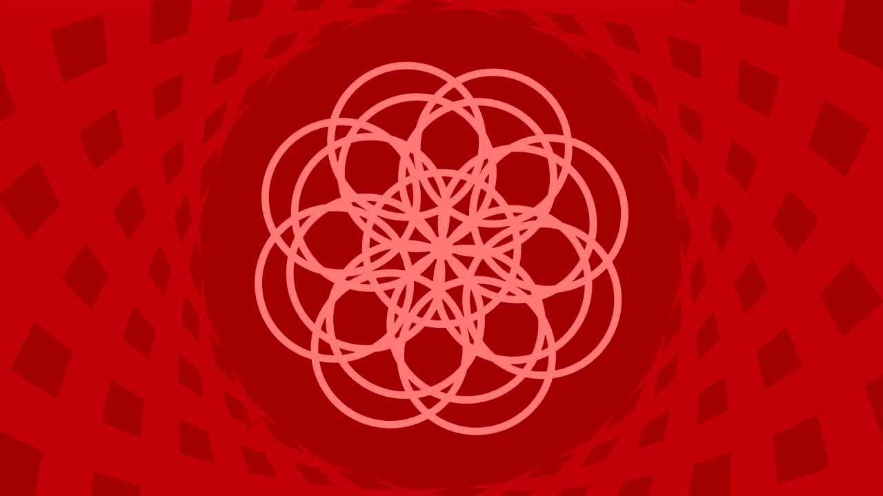 objeto gráfico que gira en el centro, aumentando y luego reduciendo el tamaño dentro de un marco gráfico, mientras que el fondo cambia rápidamente de color creando un efecto psicodélico, en formato de video 16: 9