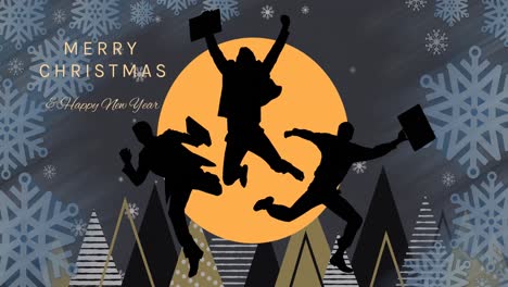 animation of merry christmas and new year text and silhouettes of jumping businessmen and snowflakes