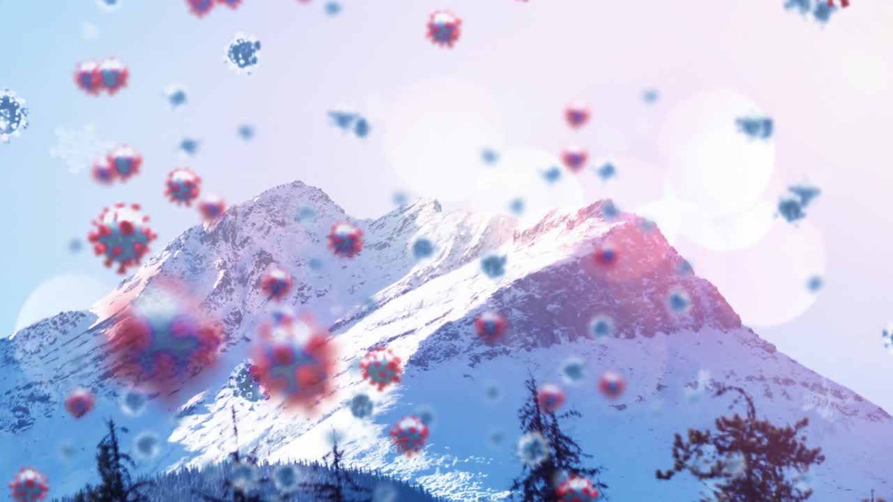 코로나19 세포가 겨울 풍경 위에 떠다니는 애니메이션