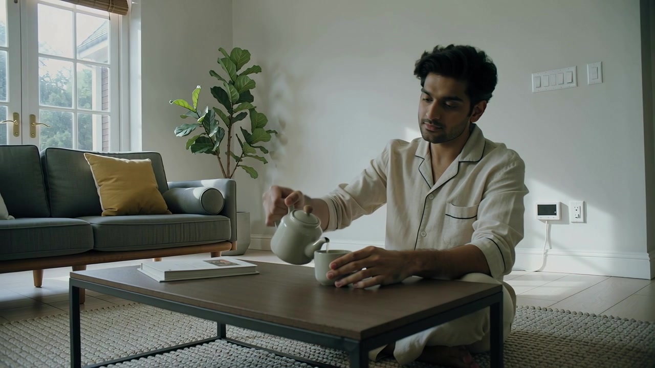 Reaching man in pajamas pouring from teapot preparing morning tea at living room, copy space