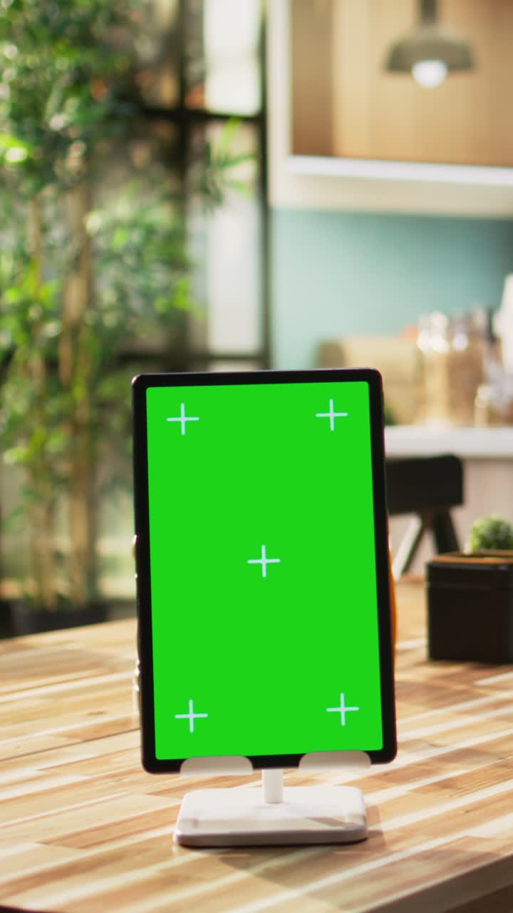 Vertical Video Vertical green screen on tablet in empty wooden stylish kitchen space