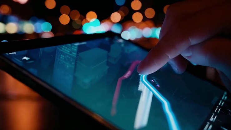 Primo piano di una mano che tocca una mappa digitale su un tablet per la pianificazione del percorso