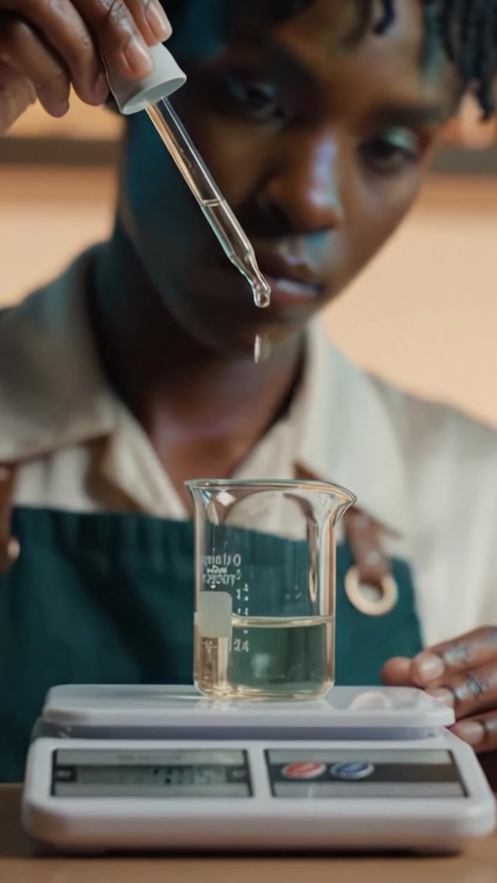 Un individuo concentrato che misura ingredienti liquidi con un contagocce e una bilancia di precisione in un ambiente ben illuminato, mostrando l'arte della formulazione e misurazione accurate.
