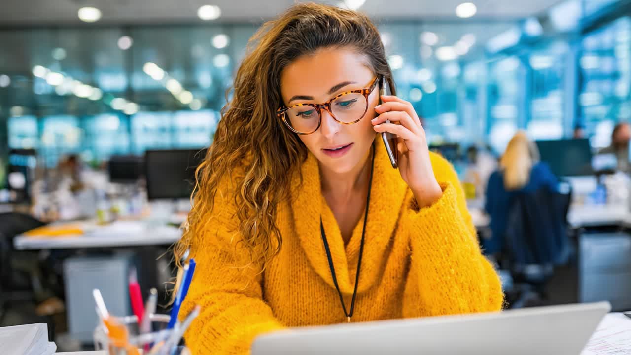 Fokusert forretningsperson i koselig genser i telefonsamtale mens han/hun jobber på bærbar PC i et moderne kontormiljø