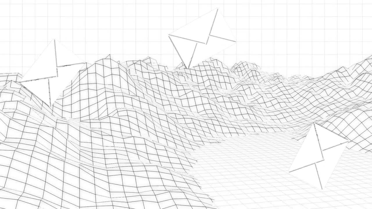 animación de iconos de sobres de correo electrónico flotantes sobre el paisaje de cuadrícula en blanco y negro
