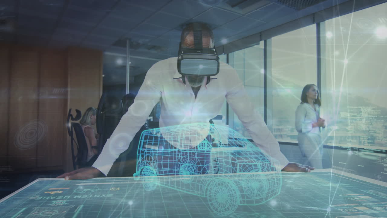 Using virtual reality headset, man exploring holographic car animation in office