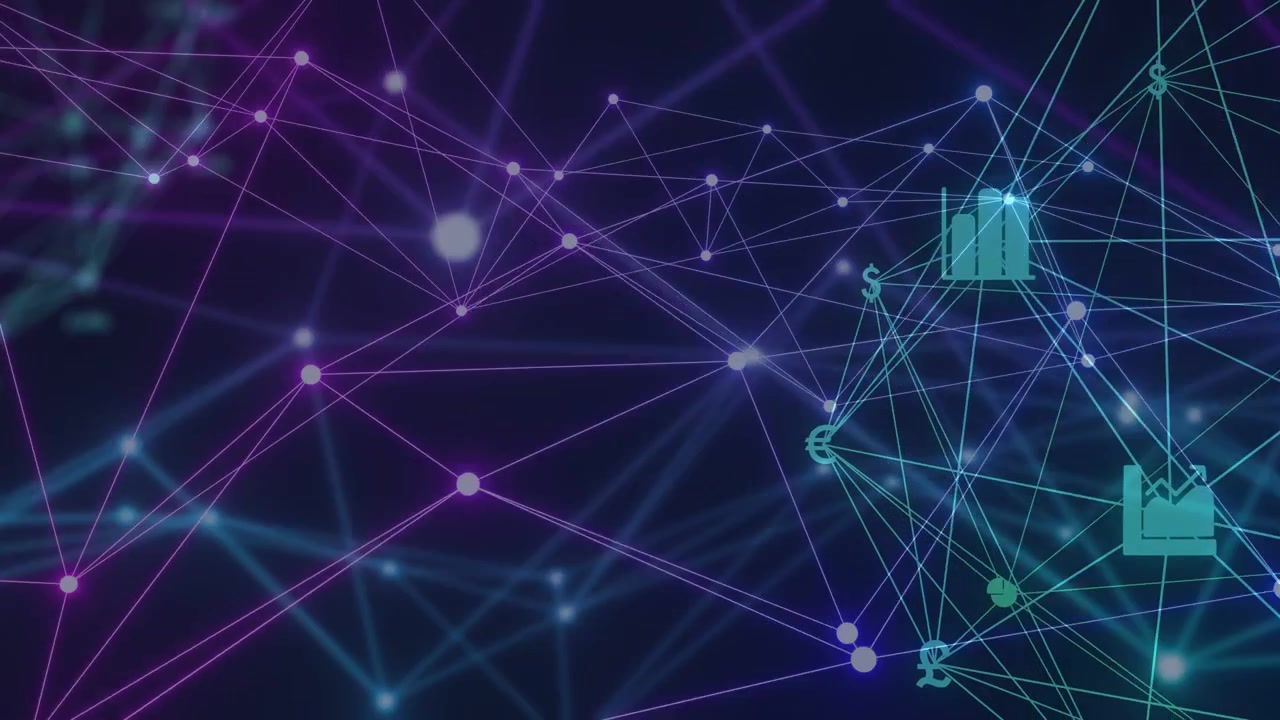 Data network reacting to magenta flare shifting threads, forming cyan cluster linking finance icons