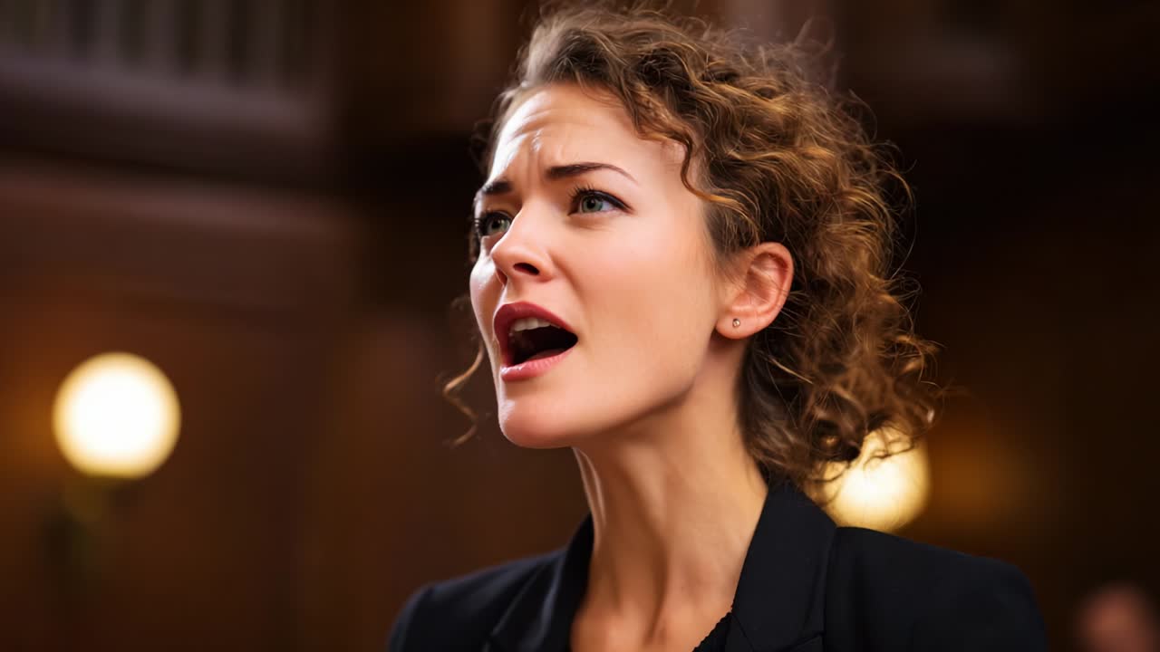 A dynamic portrayal of a passionate female speaker, captured in two frames highlighting her emotional expression, engagement with the audience, and the powerful narrative being conveyed in an intimate setting