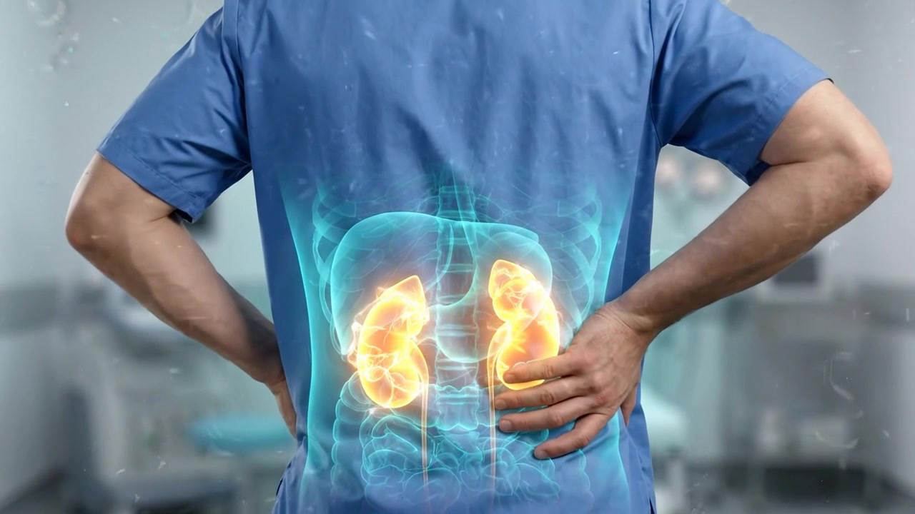 Man in blue medical scrubs holding lower back with glowing kidney overlay