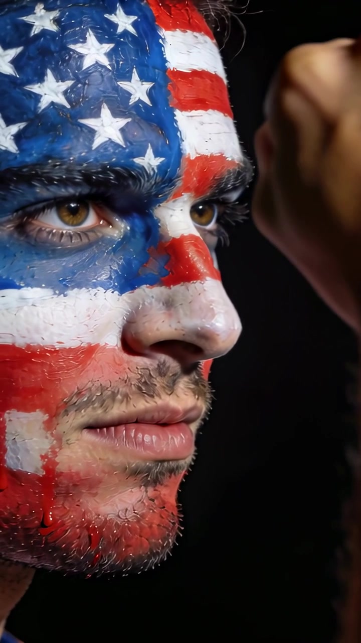 Vertical video: Brush entering frame, artist painting flag on male left face in studio, finishing
