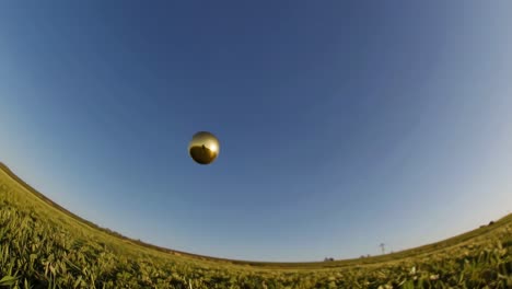 golden sphere reflection of a person in a field