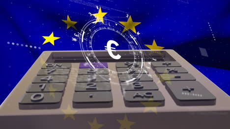 animation of euro symbol and calculator over flag of european union