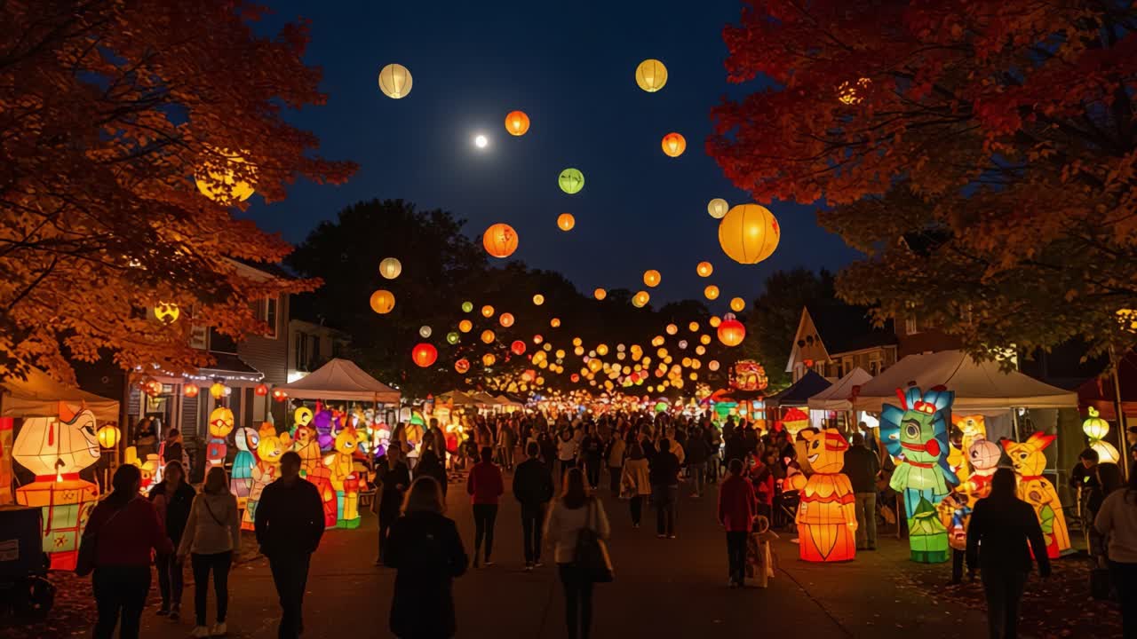 Night Lantern Festival with Crowds and Illuminated Decorations